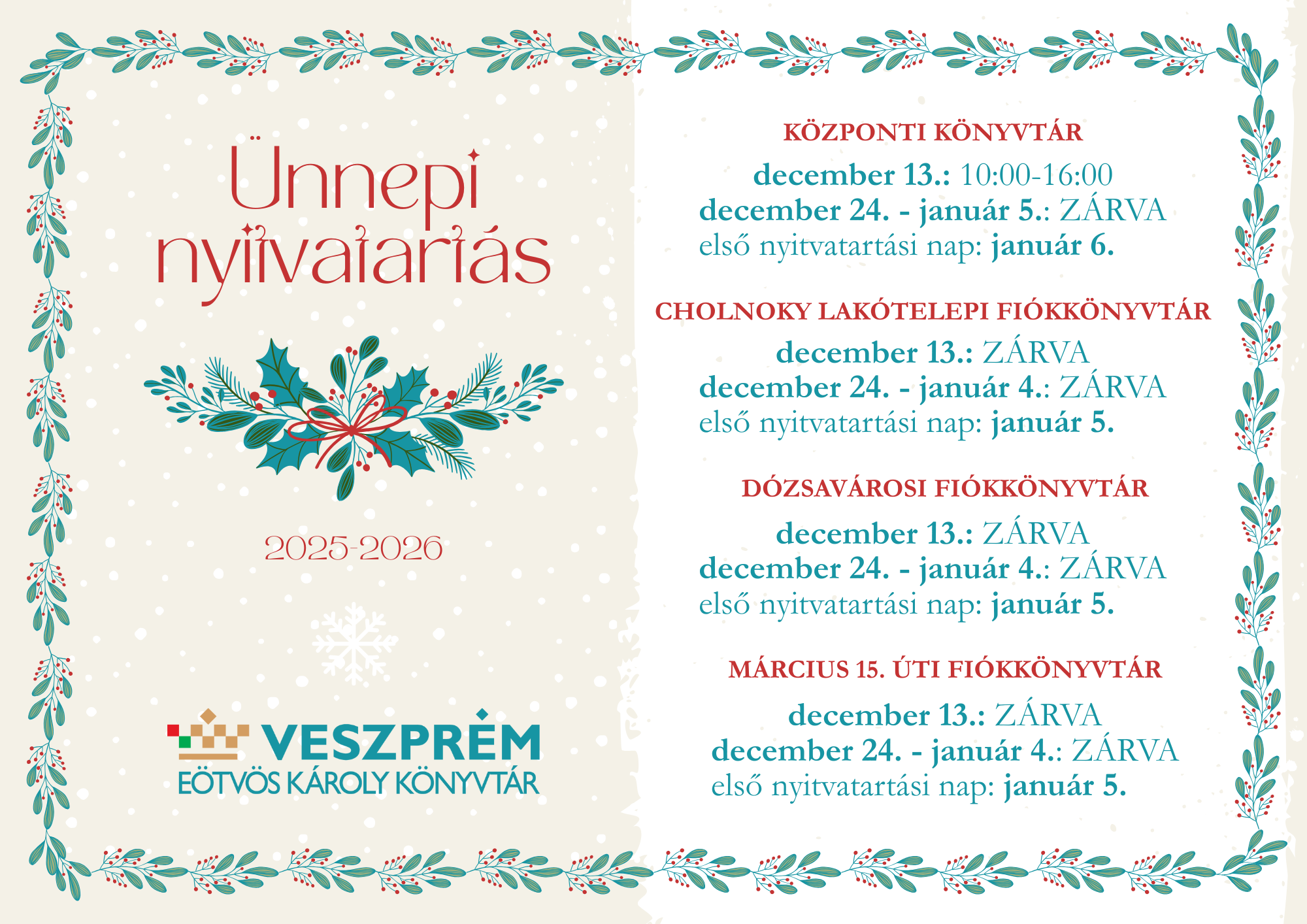 Ünnepi nyitvatartás 2025-2026